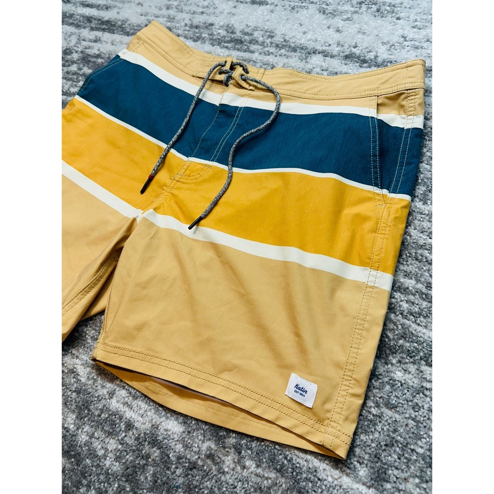 Katin Board Shorts Mens 36 Yellow Striped Hybrid Surf Swim Trunks
